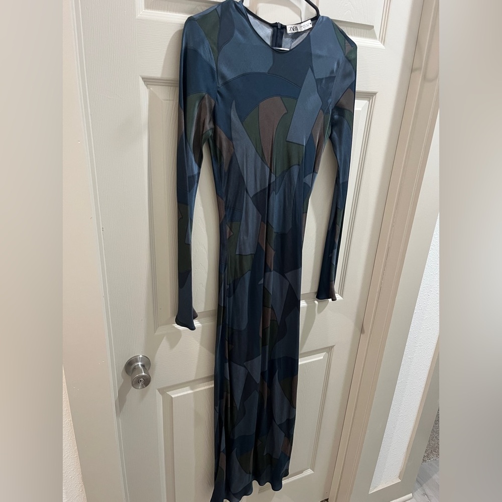 Zara Dress Womens XS Blue Patchwork Satin Bodycon Maxi Rebecka Long Sleeve - Picture 11 of 11